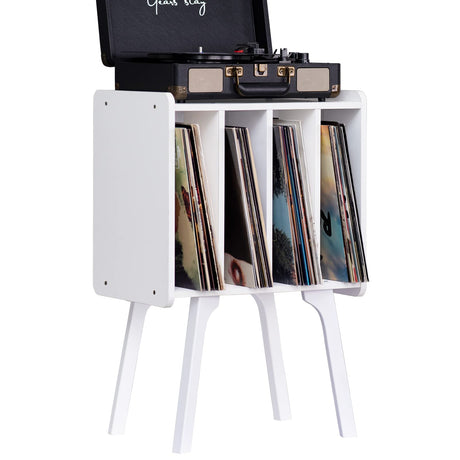 LELELINKY Small Record Player Stand - Width 11.7 In, White Vinyl Record Storage Table with 4 Cabinet Up to 80 Albums, Vinyl Holder with Wood Legs,Turntable Stand Display Shelf for Bedroom Living Room LELELINKY