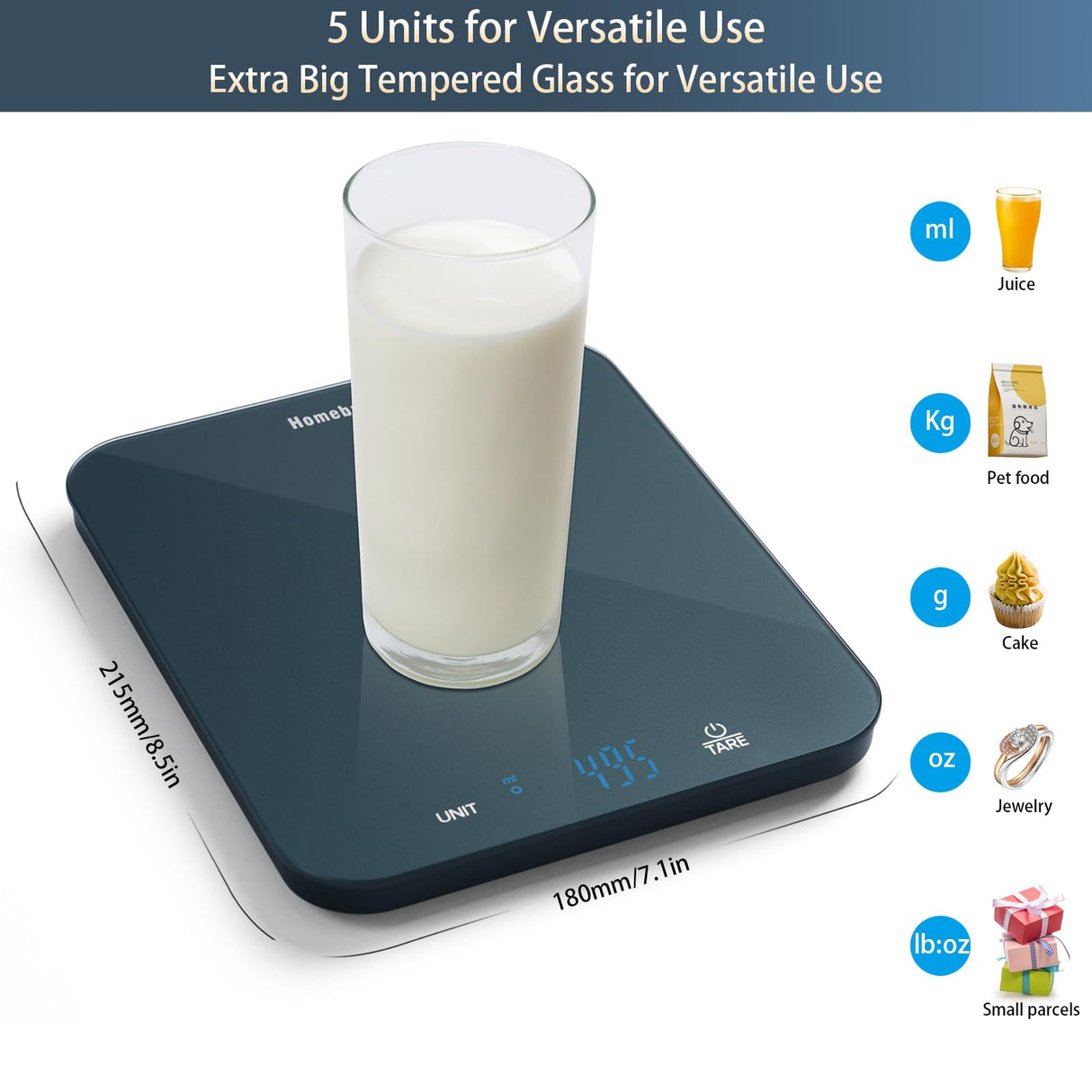 Homebuds Food Scale, 33lb/15kg Digital Kitchen Scale, Weight Grams and Ounces in 1g/0.1oz Precision for Baking and Cooking, LED Display, 3*AAA Batteries Included, Tempered Glass, Blue HomeBuds