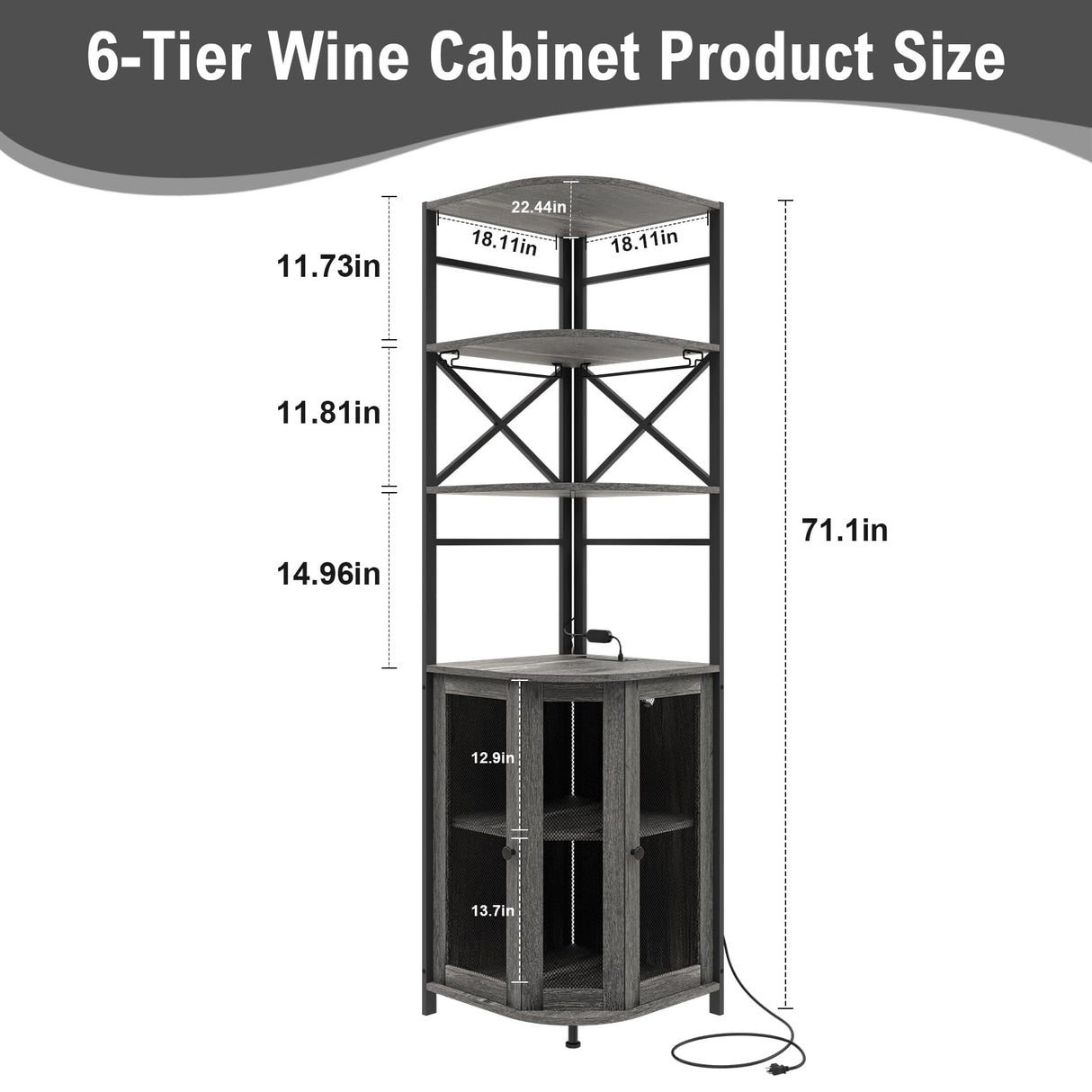 Aufvolr Wine Bar Cabinet with Power Outlet, 6-Tiers Industrial Wine Cabinet with LED Light and Glass Holder, Corner Bar Cabinet with Adjustable Shelf and Mesh Door, Liquor Cabinet Bar for Home Aufvolr