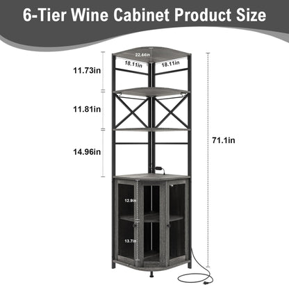 Aufvolr Wine Bar Cabinet with Power Outlet, 6-Tiers Industrial Wine Cabinet with LED Light and Glass Holder, Corner Bar Cabinet with Adjustable Shelf and Mesh Door, Liquor Cabinet Bar for Home