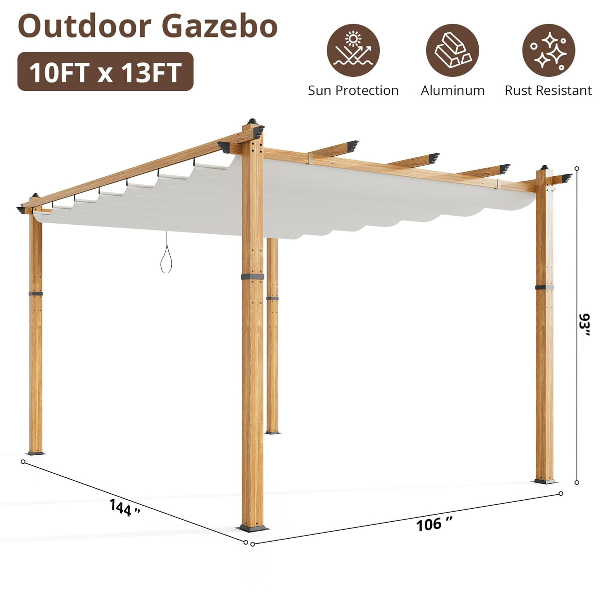 10x13 Ft Outdoor Retractable Pergola with Sun Shade Canopy, Heavy-Duty Aluminum Canopy Pergola Kits for Backyard, Faux Wood Grain Metal Patio Gazebo for Garden, Porch Beach, Grape Trellis - Beige Amenitlif
