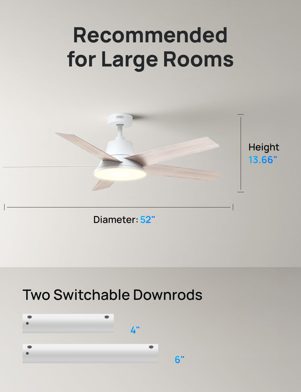 Dreo Smart Ceiling Fan with Lights, 52 Inch, 12 Speeds & 3 Fan Modes, Stepless Color Tones, Dimmable LED Light, 12H Timer, Quiet DC Motor, Remote/APP/Alexa Control, White Ceiling Fans Indoor Dreo