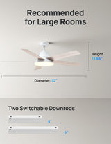 Dreo Smart Ceiling Fan with Lights, 52 Inch, 12 Speeds & 3 Fan Modes, Stepless Color Tones, Dimmable LED Light, 12H Timer, Quiet DC Motor, Remote/APP/Alexa Control, White Ceiling Fans Indoor Dreo