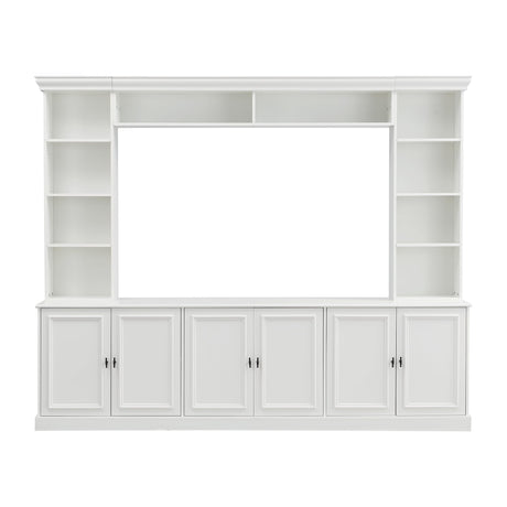 97.4"W Elegant 4-Piece Wall Unit Entertainment Center with Bookshelf for TVs Up to 70", Versatile TV Stand with Adjustable Shelf, Mid-Century Media Console with Bridge for Living Room, White (White) THINK 30