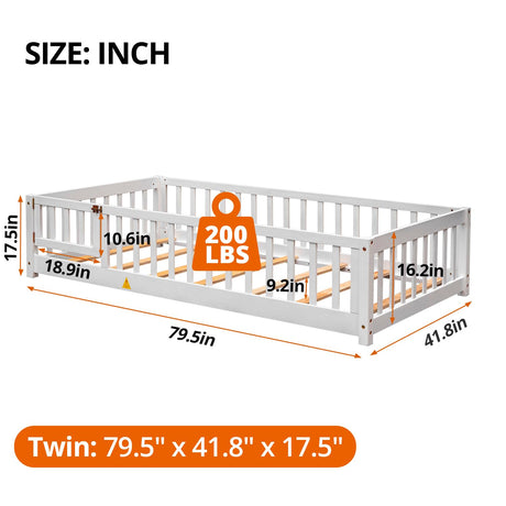 i-POOK Twin Floor Bed for Children, Sturdy Wood Montessori Bed Frame with Wood Slats, High Fence & Small Door, Montessori Floor Bed for Girls and Boys, White i-POOK