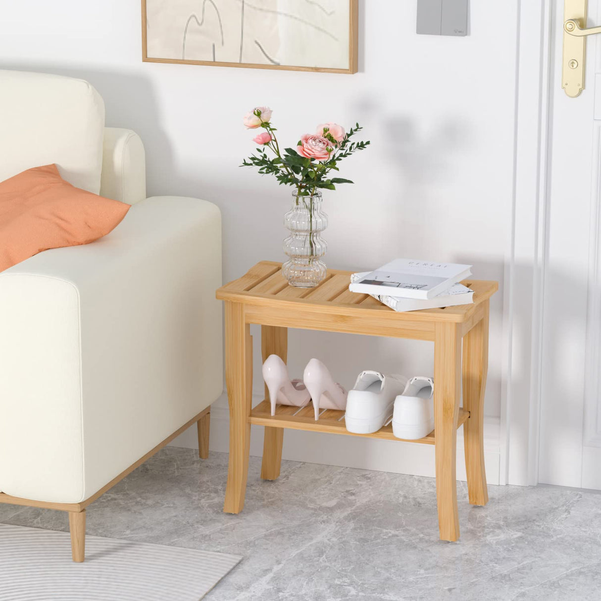 Domax Bamboo Shower Benches for Inside Shower - Bathroom Bench Seat Waterproof Wooden Shower Stool with Storage Shelf for Adults Elderly Seniors Wood Domax