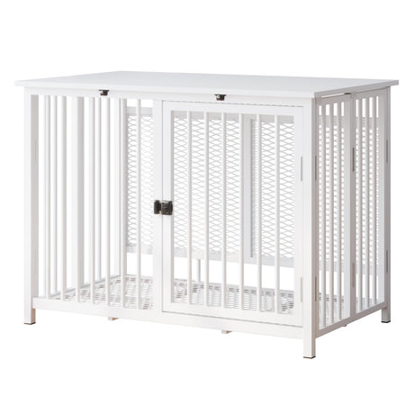 UMXES Heavy Duty Dog Crate Furniture, Fully Assembled exc. Locks, All Metal Frame & Wooden Tabletop, Modern Kennel for Small/Medium Dog, End Table, Sturdy, Foldable, White UMXES
