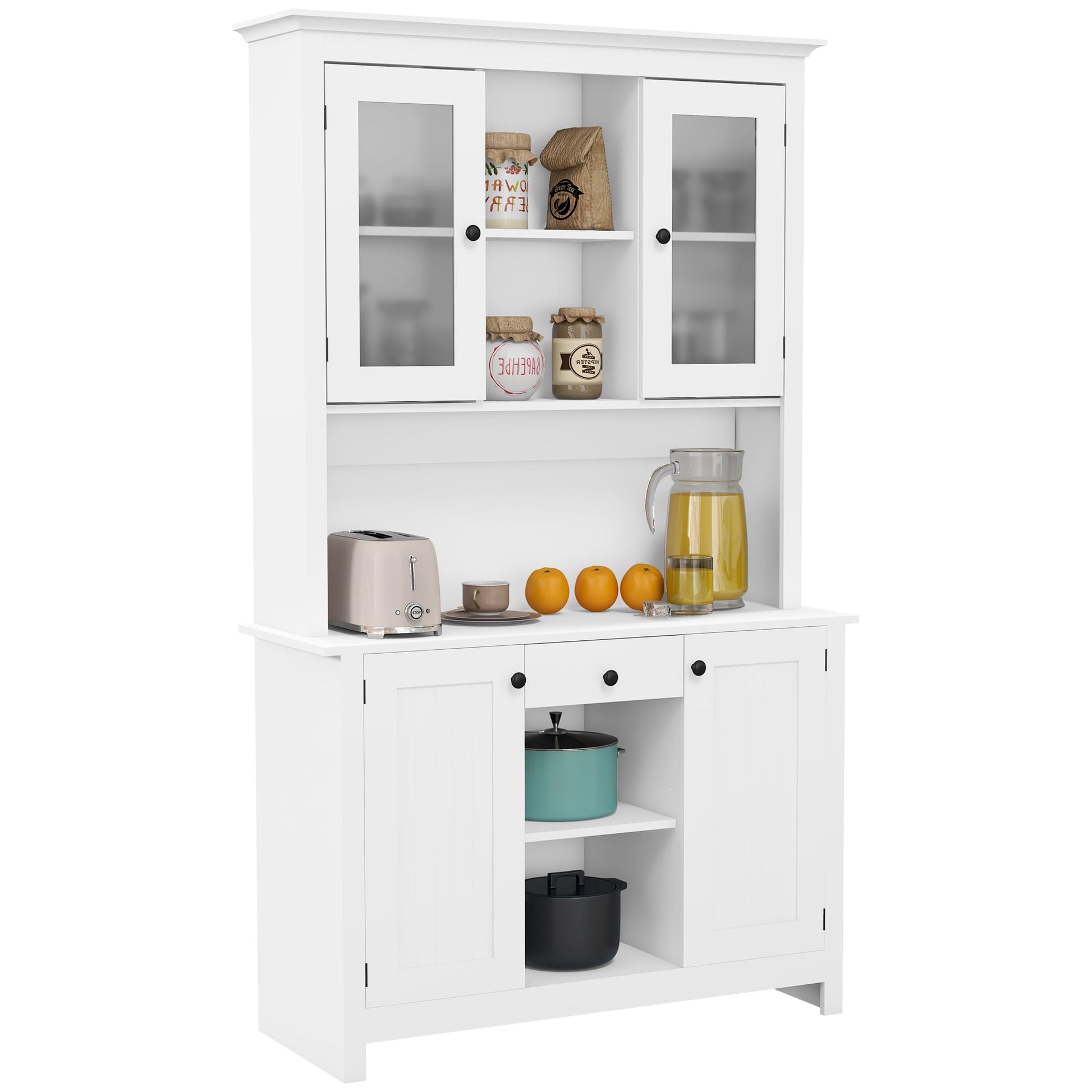 HOMCOM Freestanding Rustic Buffet with Hutch, 4 Door Farmhouse Kitchen Pantry Cabinet, Microwave Stand with Beadboard Panel, Drawer and Adjustable Shelves, White - WoodArtSupply