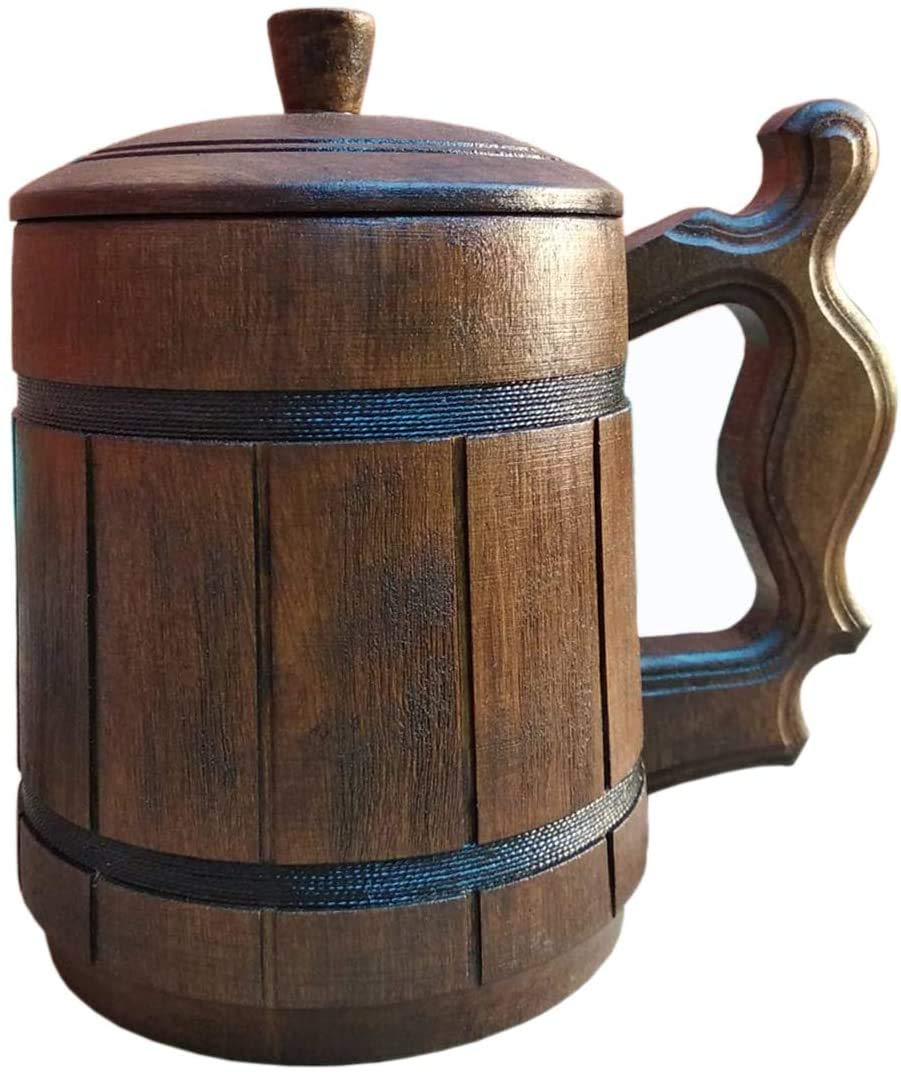 Etno Motif Handmade Wooden Beer Mug with Lid. Capacity: 20 oz (600ml). Wooden Beer Mug Eco Friendly - Wooden Beer Mug with Metal Insert - Great Gift for Dad on His Special Day! - WoodArtSupply