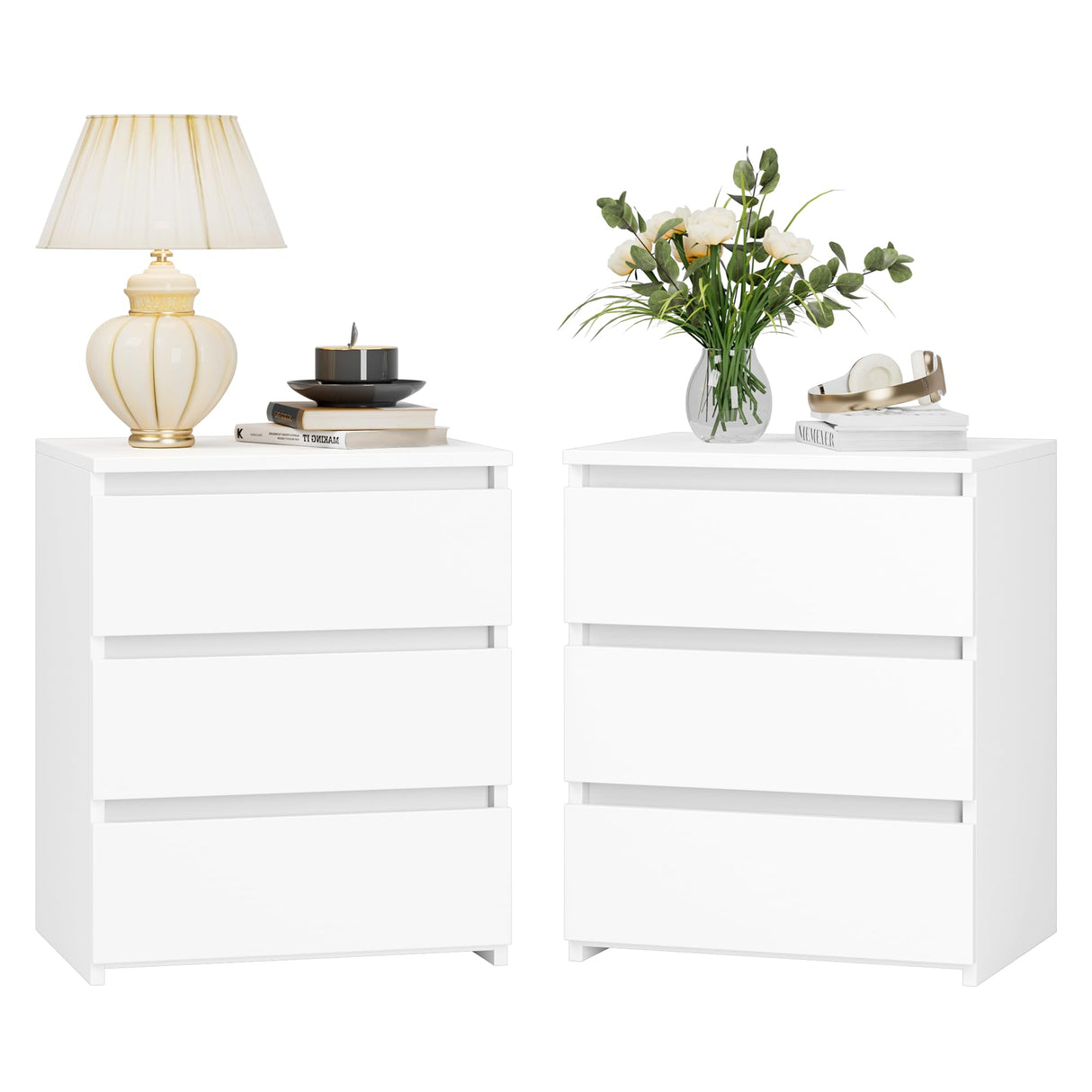 FOTOSOK Nightstand Set of 2 White Nightstand with 3 Drawers, White Bedside Table Night Stand for Bedroom with Cut-Out Handle, Sofa Side Table 3 Drawer Nightstand for Bedroom, 17.7W*15D*21.7H FOTOSOK