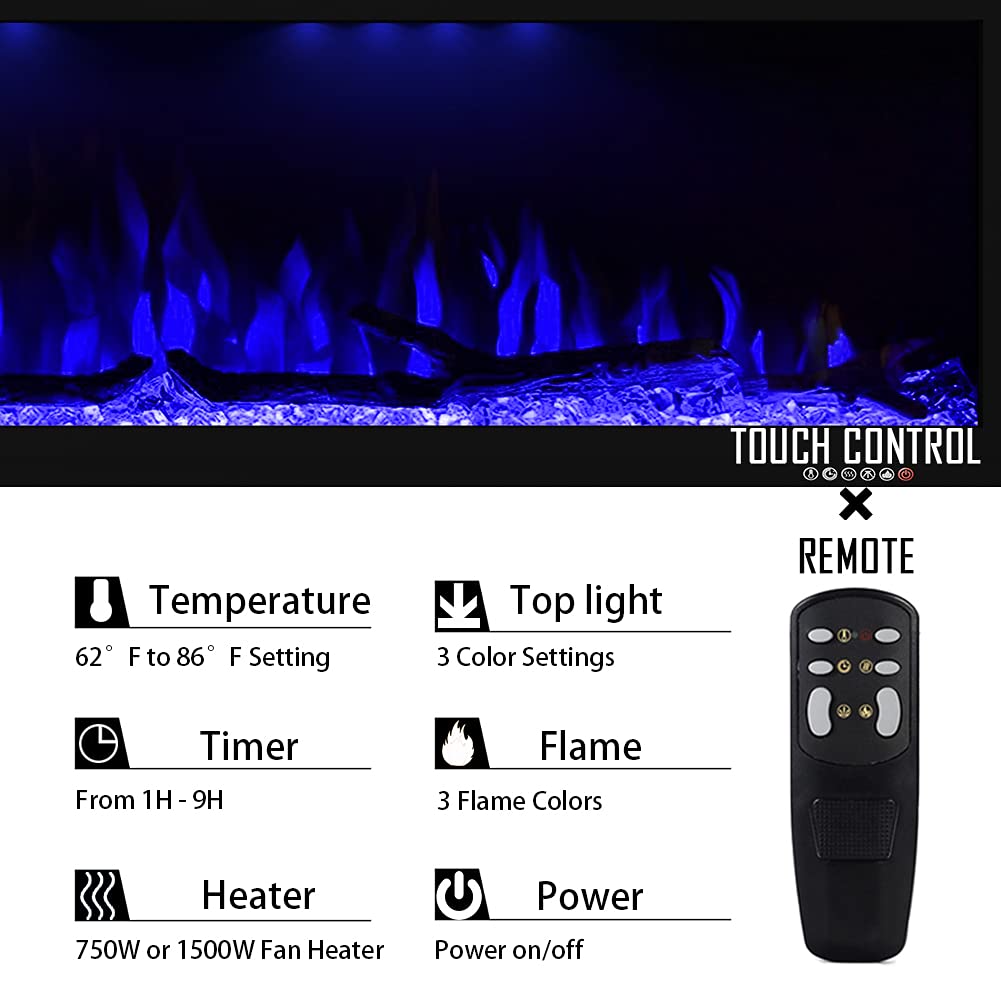 Masarflame Luxurious 60" Electric Fireplace, Wall Mounted&in Wall Recessed Fireplace Heater, Adjustable Flame Color & Top Light, Remote&Touch Control with Timer&Thermostat, Log & Crystal Set Masarflame