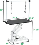 TRODEP 42.5" Hydraulic Dog Grooming Table for Large Dogs Heavy Duty Height Adjustable Dog Grooming Table with Gantry Arm & Noose Height Range 21-36 inch Black TRODEP