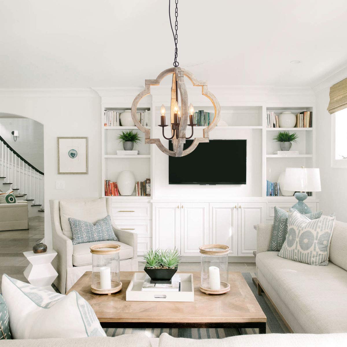 VILUXY Farmhouse Wood Chandelier Geometric Lantern Pendant Light 4-Light for Indoor Kitchen Island Dining Living Room Foyer VILUXY