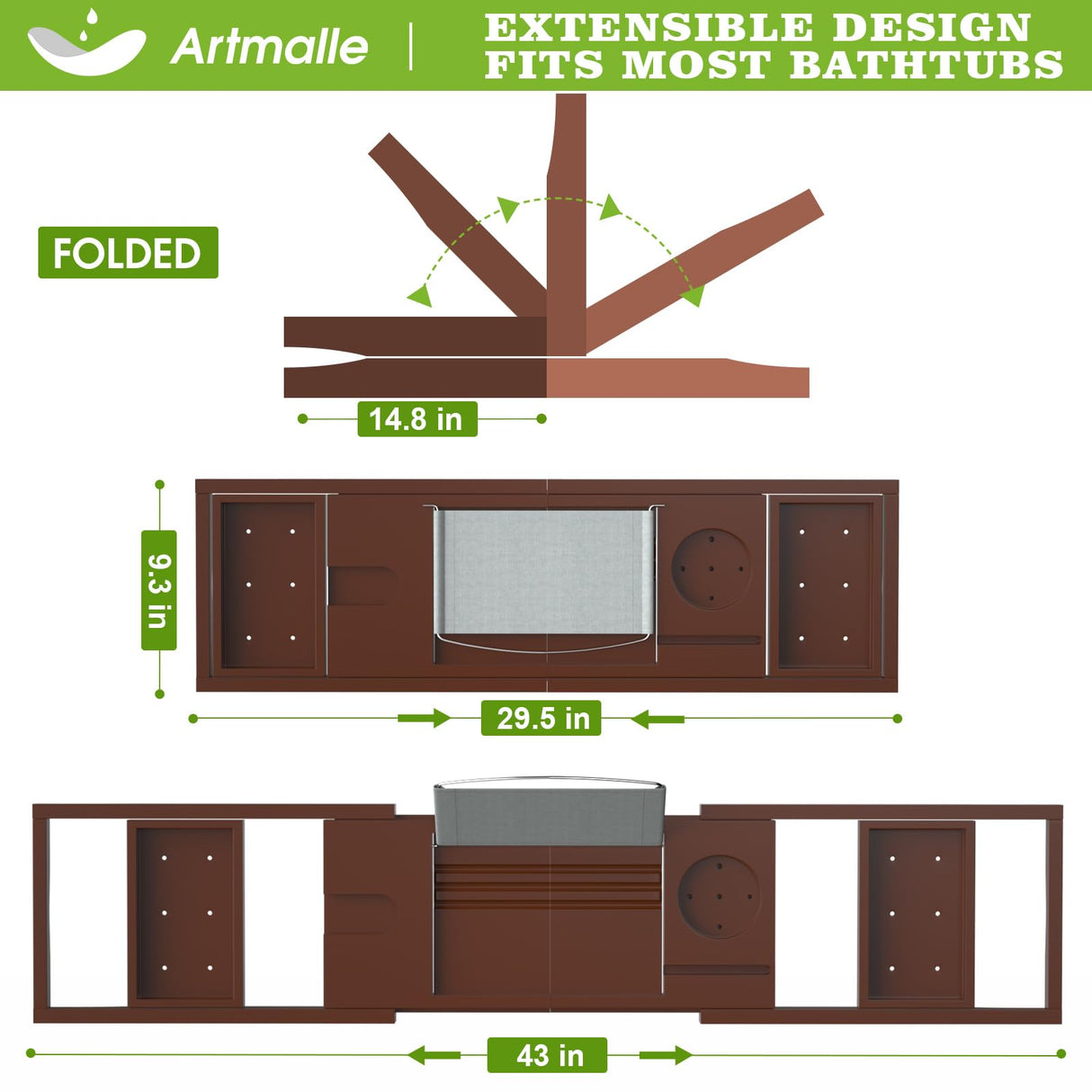 Bathtub Caddy Tray for Tub, Foldable Bamboo Bath Table Tray with Book and Wine Glass Holder, Expandable Bathroom Accessories with Free Soap Dish Suitable for Luxury Spa or Reading, Brown Artmalle