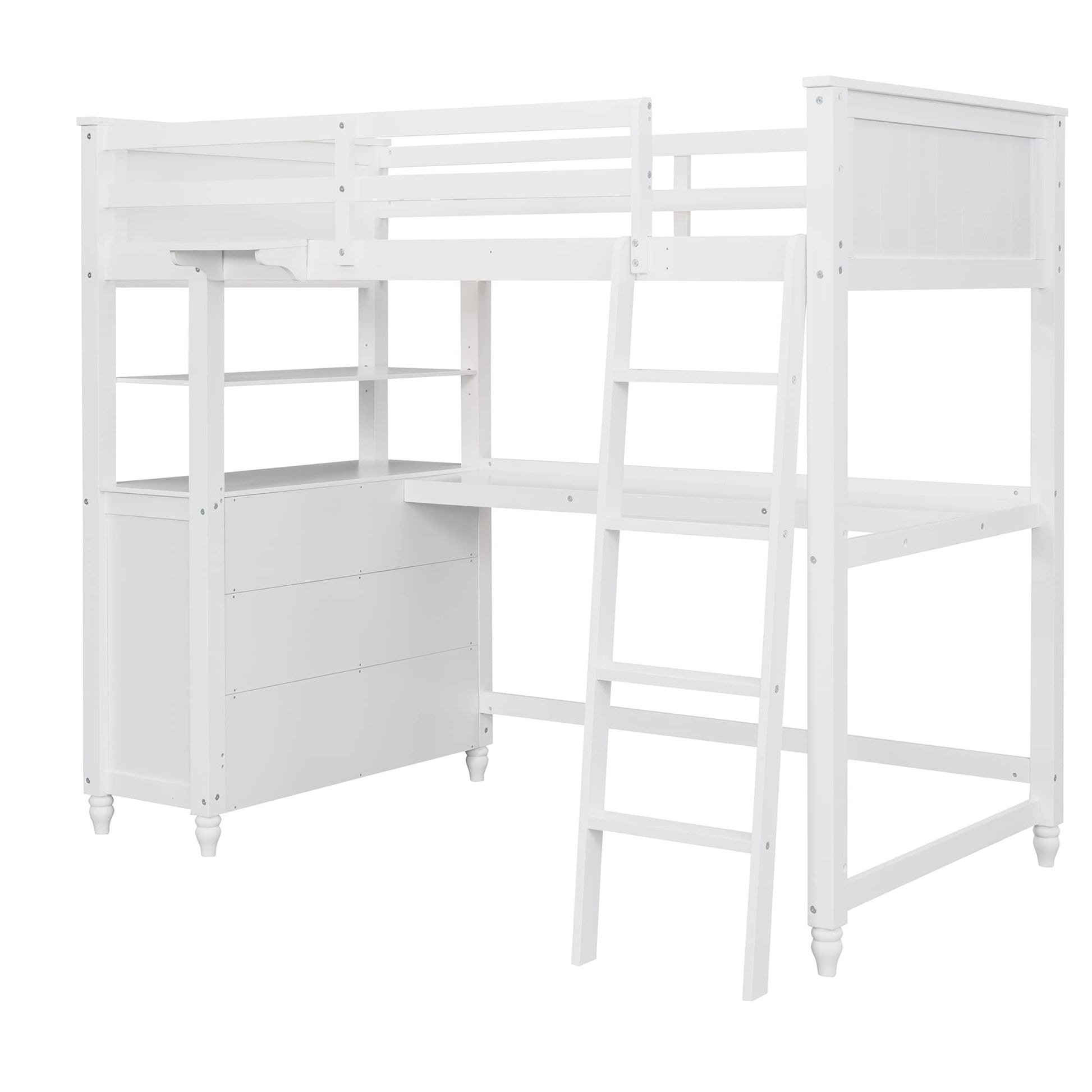 Twin Size Loft Bed with Desk and Storage by Harper & Bright Designs - Solid Wood Frame in White - WoodArtSupply