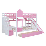 Kids Full Bunk Bed with Stairs and Slide, Wood Full Over Full Bunk Bed with Storage Drawers and Shelves, Castle Style Bunk Beds for Kids Teens Girls Boys, Pink Bellemave