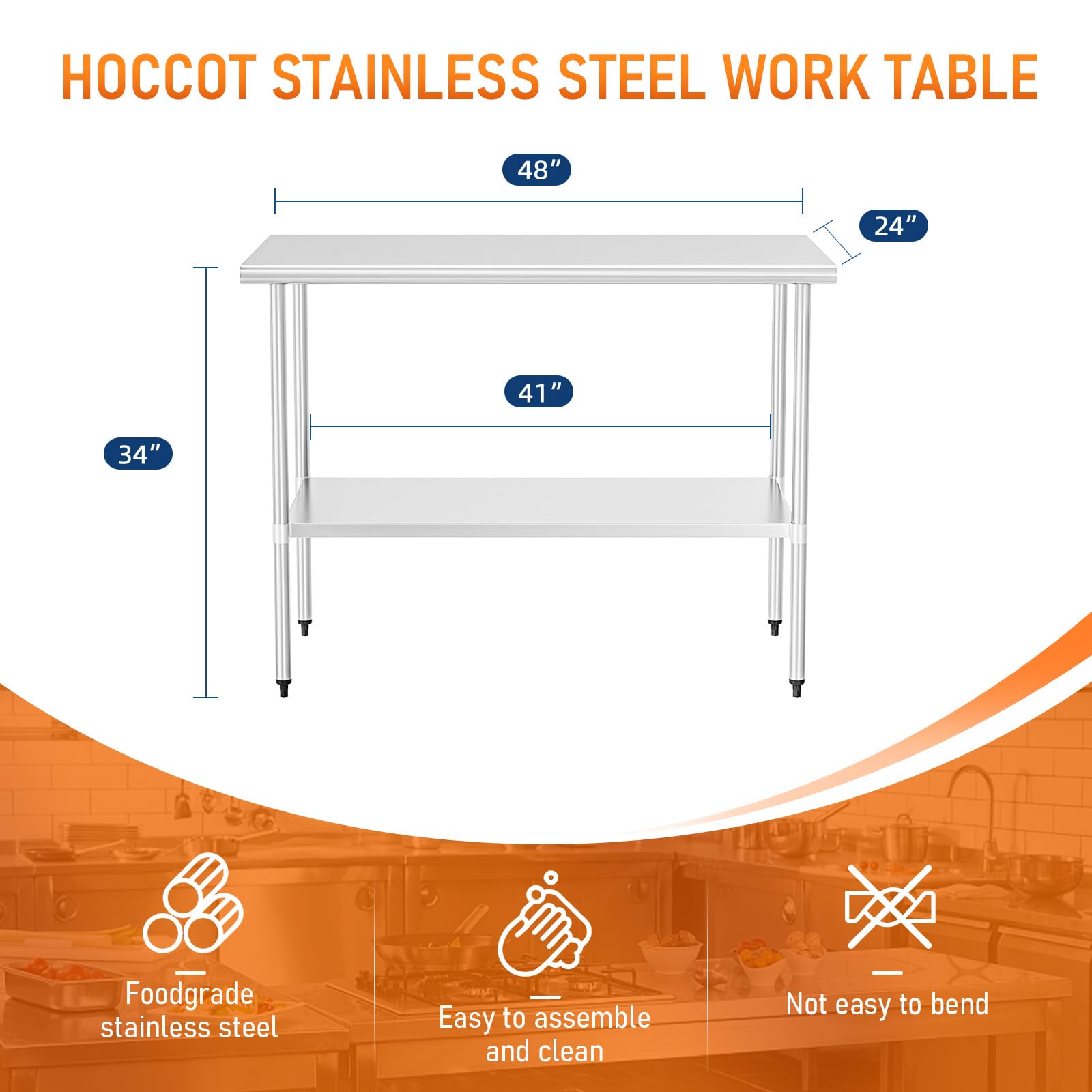 HOCCOT Stainless Steel Table for Prep & Work 24" X 48" inches with Adjustable Shelf, Commercial Workstations, Utility Table in Kitchen Garage Laundry Room Outdoor BBQ - WoodArtSupply