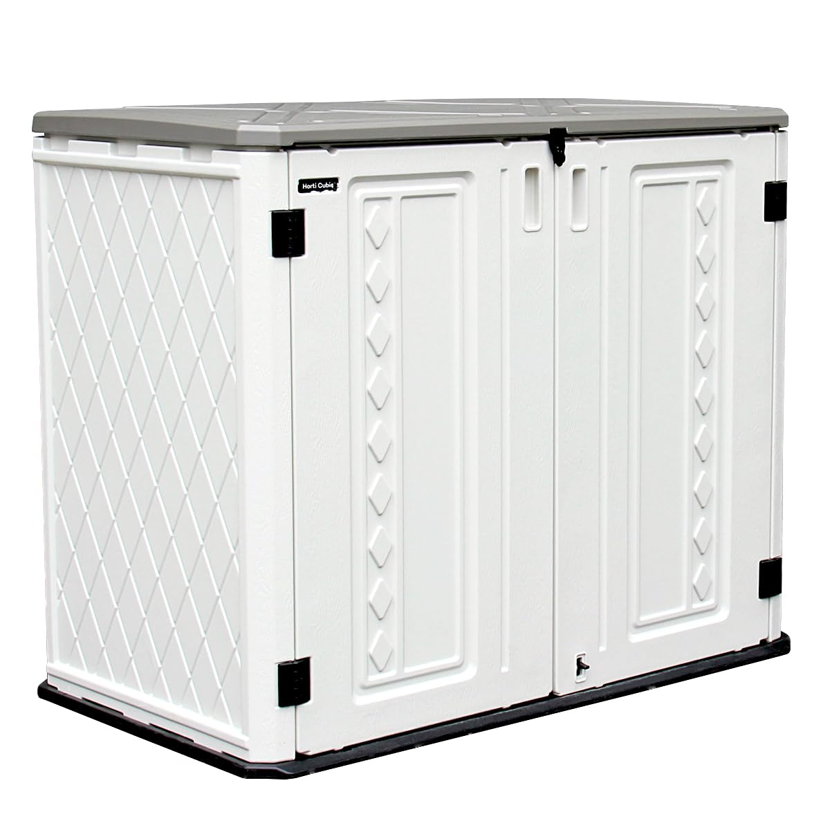 ADDOK Horizontal Storage Shed Outdoor with Floor, Plastic Outdoor Storage Box for Garden Backyard Patio Lawn, 27 Cuft Capacity All-Weather Construction for Bike Lawnmover Trash Can, Off-White ADDOK