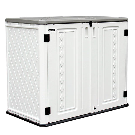 ADDOK Horizontal Storage Shed Outdoor with Floor, Plastic Outdoor Storage Box for Garden Backyard Patio Lawn, 27 Cuft Capacity All-Weather Construction for Bike Lawnmover Trash Can, Off-White ADDOK