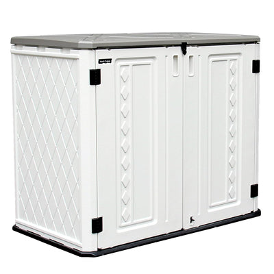 ADDOK Horizontal Storage Shed Outdoor with Floor, Plastic Outdoor Storage Box for Garden Backyard Patio Lawn, 27 Cuft Capacity All-Weather Construction for Bike Lawnmover Trash Can, Off-White