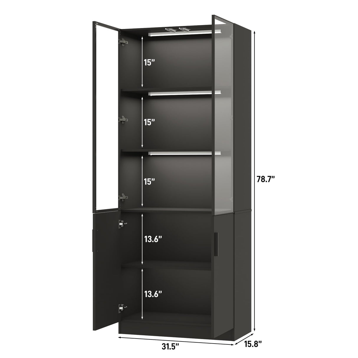 chartustriable 79" Tall Display Cabinet with LED Sensor Light & Pop-up Glass Doors, Modern Bookcase Curio Storage Cabinet for Bedroom, Living Room, Office, Black chartustriable