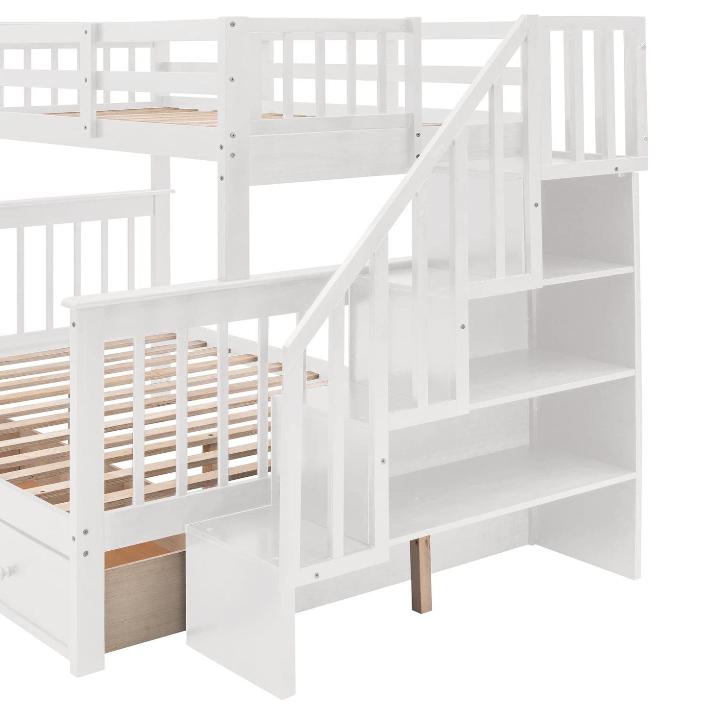 MERITLINE Twin Over Full Bunk Bed with Stairs, Storage Drawers, and Shelf - No Box Spring Needed, White - WoodArtSupply