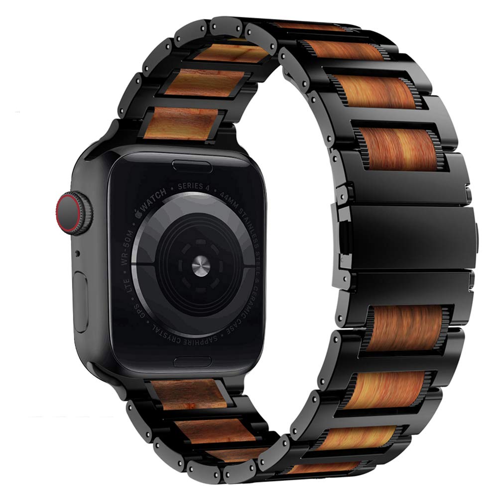 iiteeology Compatible with Apple Watch Band, Natural Wooden Steel Link Bracelet for iWatch Ultra 2/ Ultra/Series 1-10 49mm 46mm 45mm 44mm 42mm - Black iiteeology