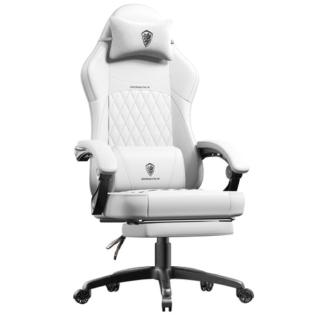 Dowinx Gaming Chair with Pocket Spring Cushion, Ergonomic Computer Chair with Massage Lumbar and Footrest for Adults, High Back Game Chair Leather for Office Gaming 300LBS, All White Dowinx