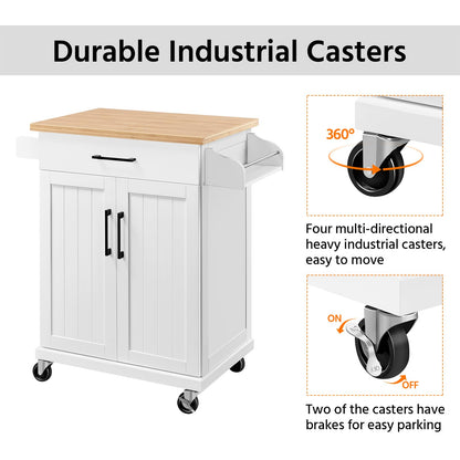 Topeakmart Kitchen Island Cart with Storage Cabinet and 1 Drawer, Rolling Kitchen Cart with Towel Rack & Spice Rack, Bamboo Countertop, White