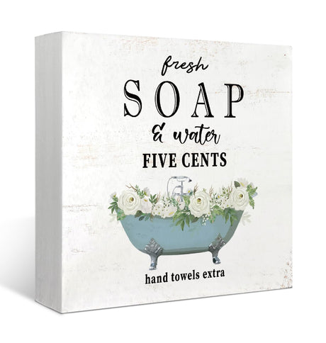 Mtrgdn Bathroom Signs Decor Funny Wood Box Sign,Farmhouse Bathroom Decor Fresh Soap and Water Desk Decor,Rustic Wooden Box Block Plaque Sign Decoration for Bathroom Shelf Table Home Decor 5x5 Inch Mtrgdn