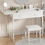 KAI-ROAD Small Makeup Vanity Desk No Mirror White Vanitys Table Set with Wood Drawers and Chair Stool, Outlets & Foldable Countertop for Bedroom Schminktisch Modern KAI-ROAD