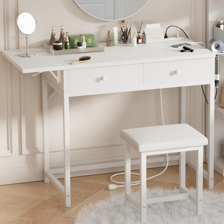 KAI-ROAD Small Makeup Vanity Desk No Mirror White Vanitys Table Set with Wood Drawers and Chair Stool, Outlets & Foldable Countertop for Bedroom Schminktisch Modern KAI-ROAD