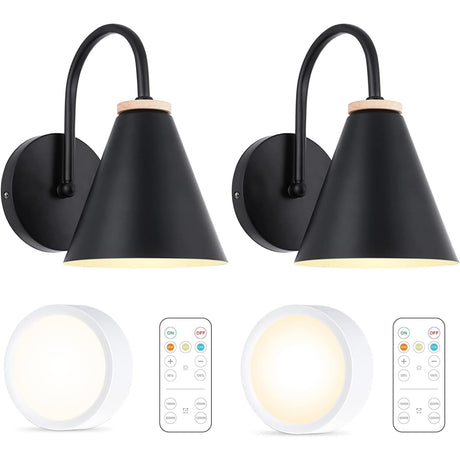 Battery Operated Black Faux-Wood Industrial Wall Sconce Set of Two, Easy to Install Not Wires, Remote Control Dimmable LED Light Bulb, Dimmable Wall Lamp Fixtures for Indoor Bedroom Farmhouse Gallery BIMEAN