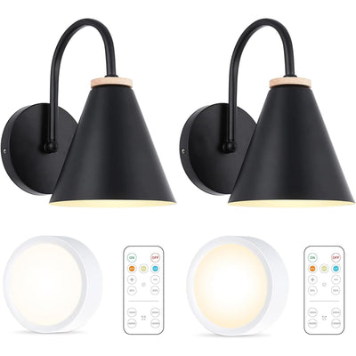 Battery Operated Black Faux-Wood Industrial Wall Sconce Set of Two, Easy to Install Not Wires, Remote Control Dimmable LED Light Bulb, Dimmable Wall Lamp Fixtures for Indoor Bedroom Farmhouse Gallery