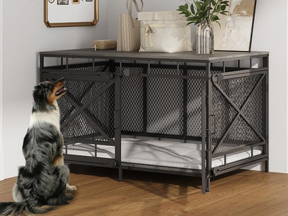 Dog Crate Furniture, Dog Kennel for Small Medium Large Breed, Heavy Duty 43" Large Corner Dog Crate, Indoor Pet Cage with Side Door (Grey Oak)