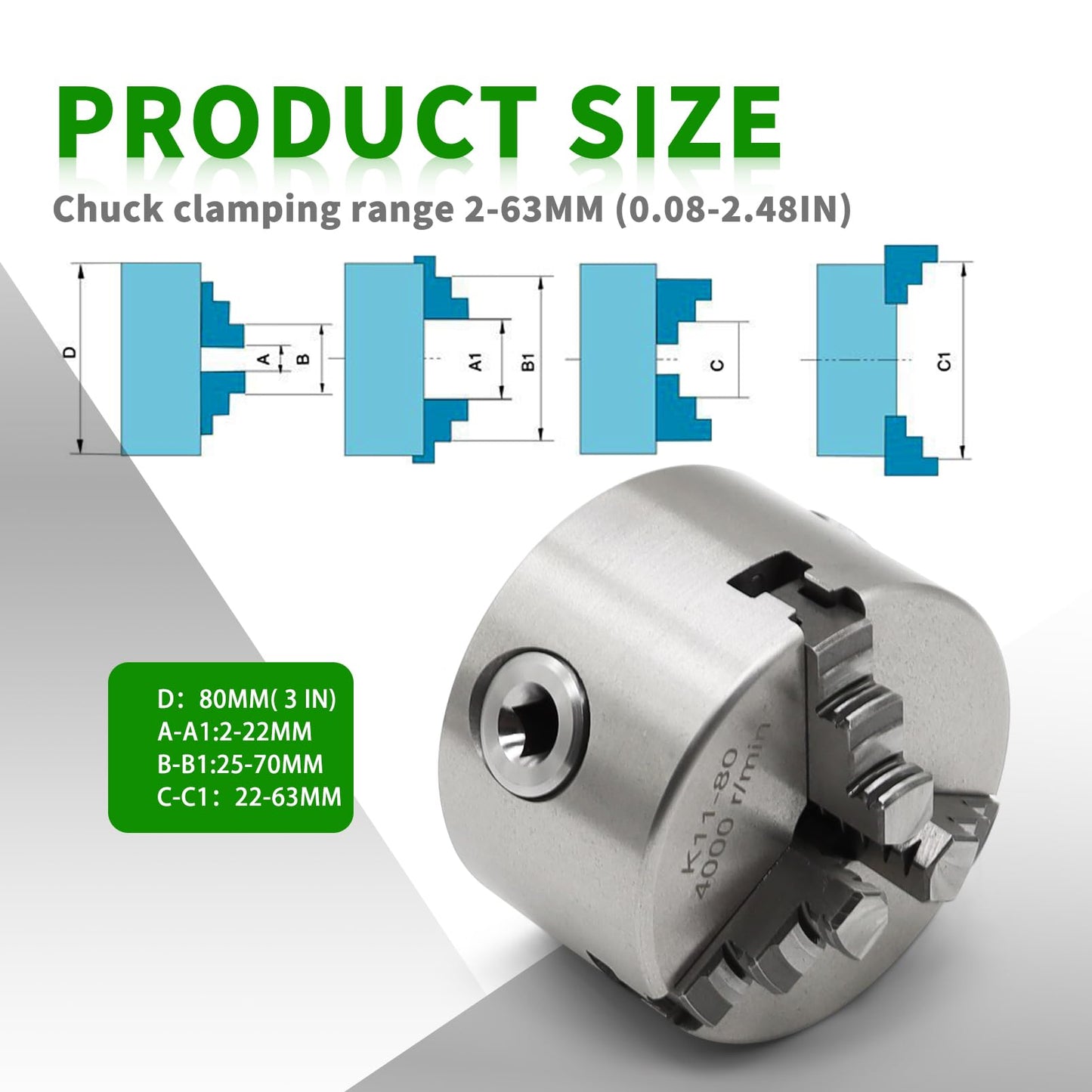 Yunnergo K11-80 Self Centering 3 Inch Lathe Chuck 4000 r/min 3 Jaw Comes with a Set Jaw