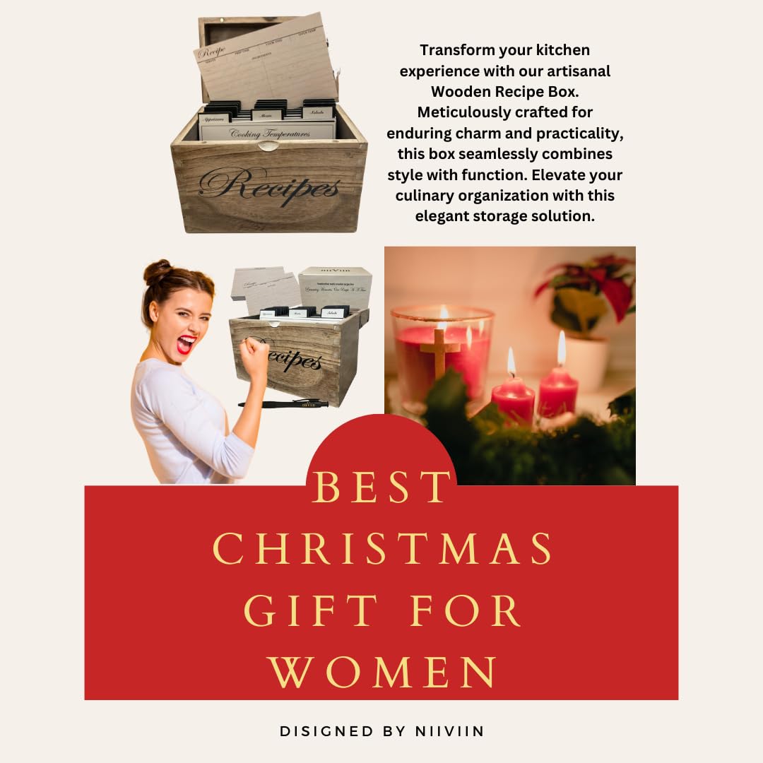 Wooden Recipe Box with Cards and Dividers - Large Rustic 4x6 Recipe Card Box, Wipe Clean Surface, Recipe Card Holder, 100 Double-Sided Cards, 20 Thick Dividers with Stickers, Charts, Complete Gift Set NIIVIIN