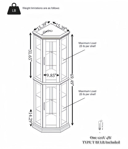 SUNLIFER Curio Cabinets with Glass Doors: Lighted Corner Display Curio Cabinet with Adjustable Shelves | Tall Wood China Cabinet - Bar and Liquor Storage Area for Living Room - Cherry - WoodArtSupply