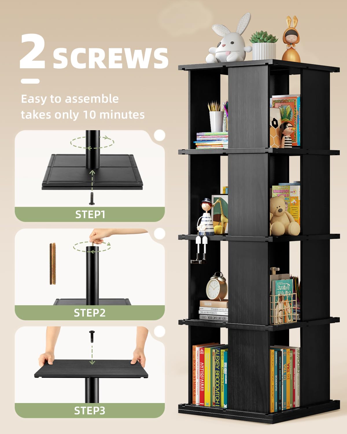 ATRURAL 360° Rotating Solid Wood Bookshelf Tower - 4-Tier Stackable Bookcase in Black - WoodArtSupply