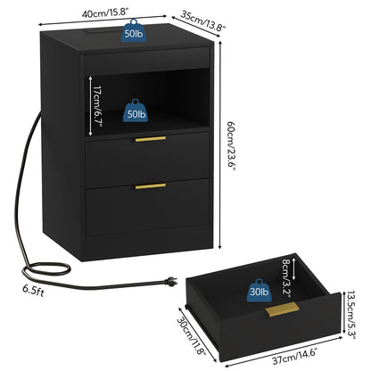 Yusong Night Stand, Bedside Table, LED Nightstand with Charging Station, Modern Night Stand, Wood Sofa Couch End Side Table with 2 Pull-Out Shelf (Black)