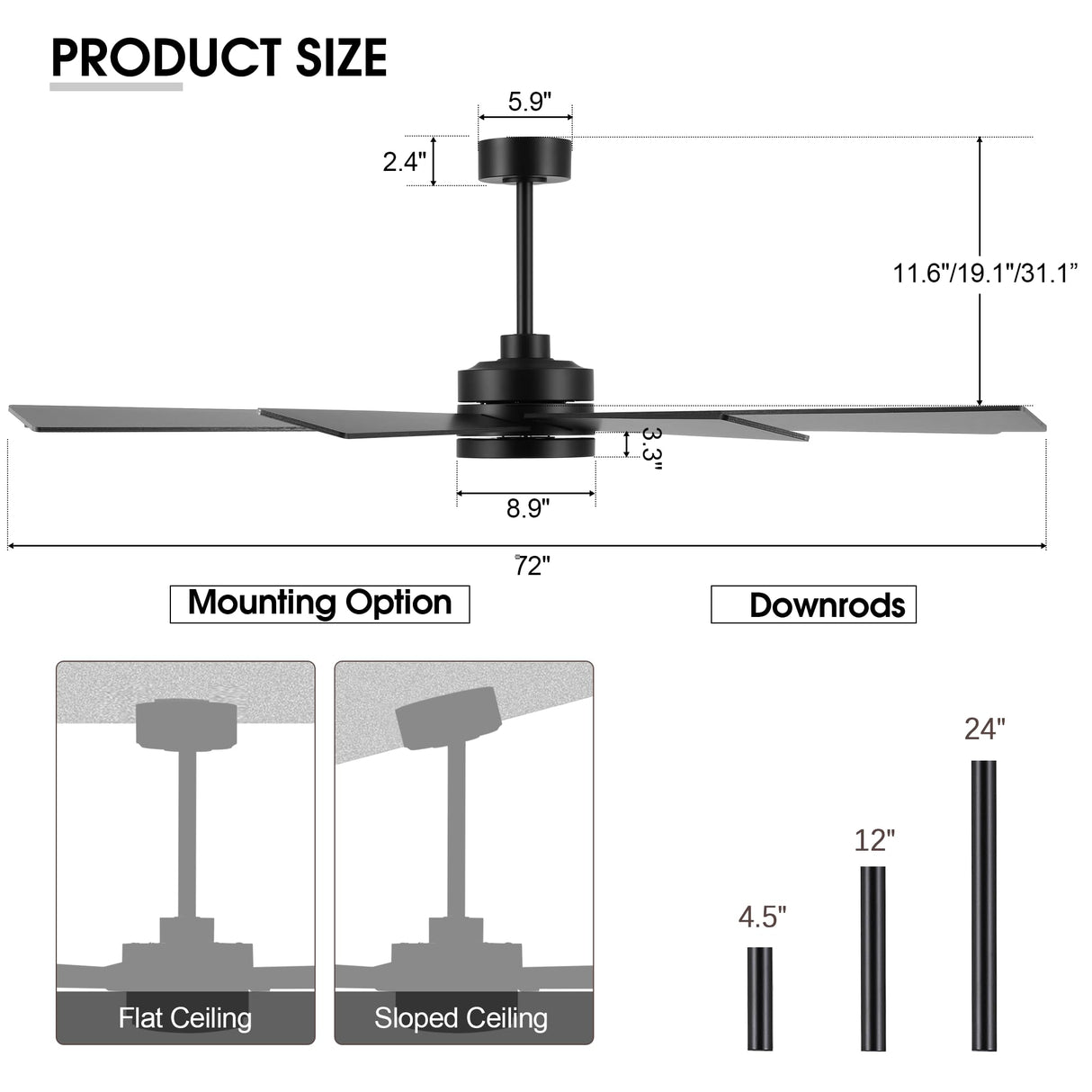ELEHINSER 72" Ceiling Fan No Light, 6-Speed Noiseless Reversible DC Motor, 9 Blades Black Industrial Ceiling Fan with Remote and 4.5"/12"/24" Downrods for Home or or Commercial Use ELEHINSER