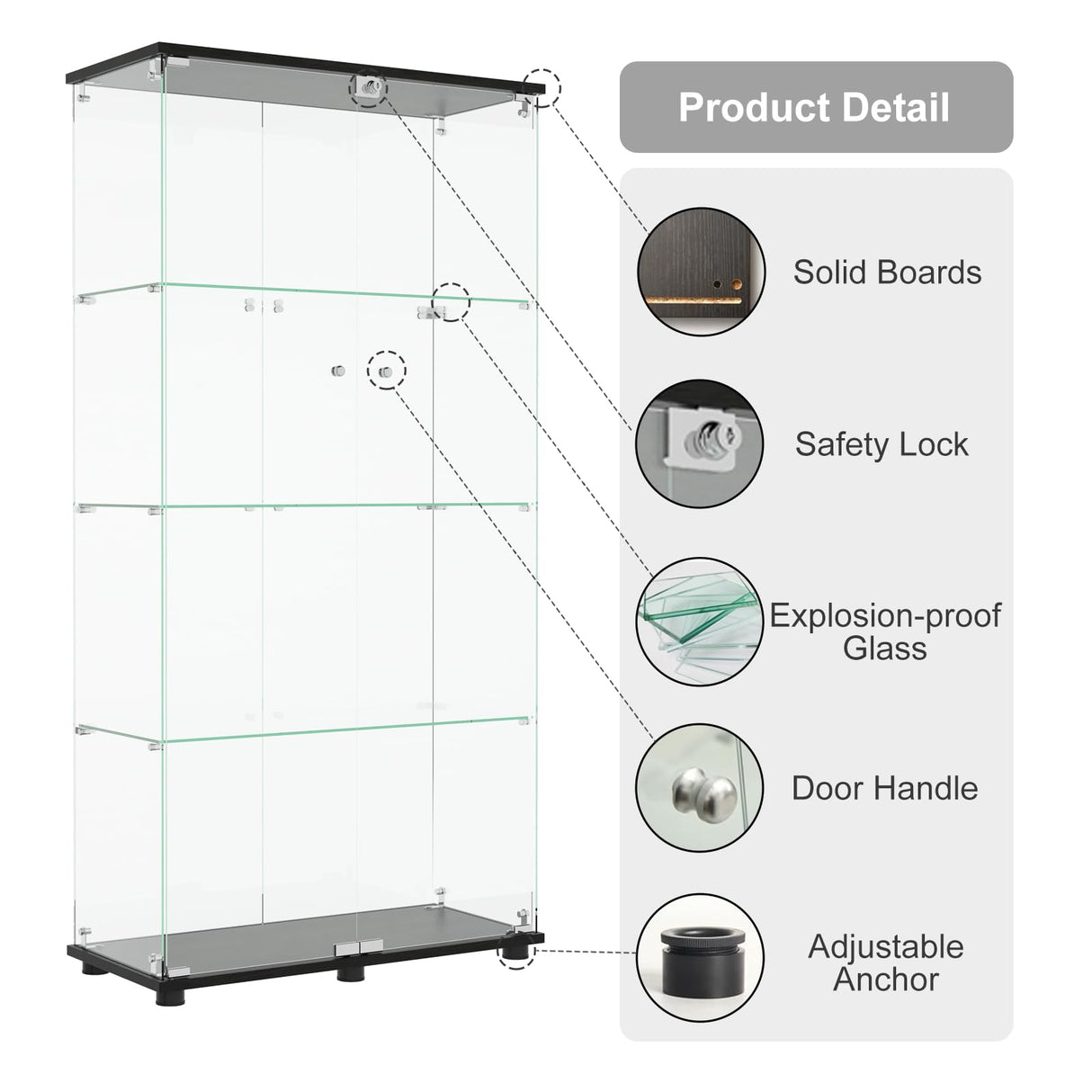 MODCART Glass Display Cabinet with 4-Shelf Double Doors and Lock, Curio Cabinet 5mm Tempered Glass Floor Standing Bookshelf for Living Room, Bedroom, Office, 64 x 31.7 x 14.3 in, Black MODCART