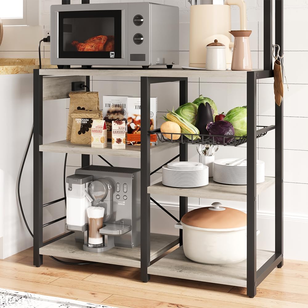 IDEALHOUSE Rustic Gray Bakers Rack with Power Outlet and Large Storage Capacity - WoodArtSupply