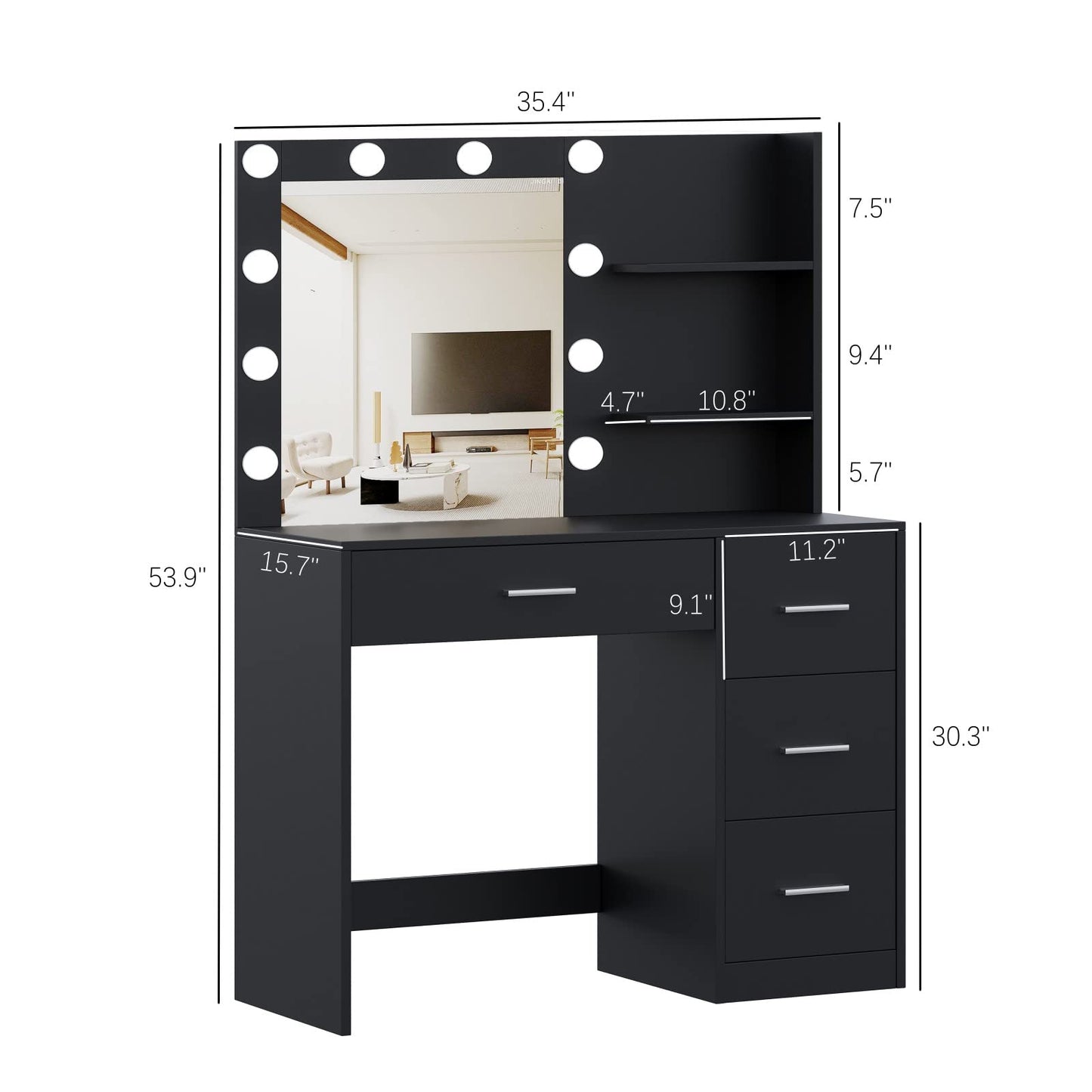 Rovaurx Makeup Vanity Table with Lighted Mirror, Makeup Vanity Desk with Storage Shelf and 4 Drawers, Bedroom Dressing Table, 10 LED Lights, Black