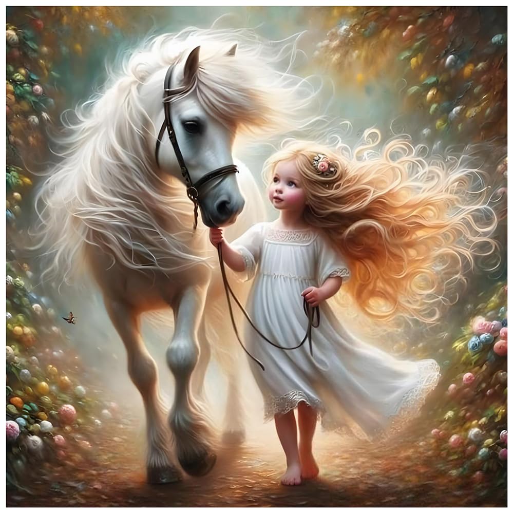 DIADAY Diamond Art Kits for Adults Horse, 5D Horse and Girl Diamond Painting Kits for Adults, Full Drill Round Gem DIY Diamond Dots Art Craft Home Wall Decor Gift 12 x 12 Inches DIADAY