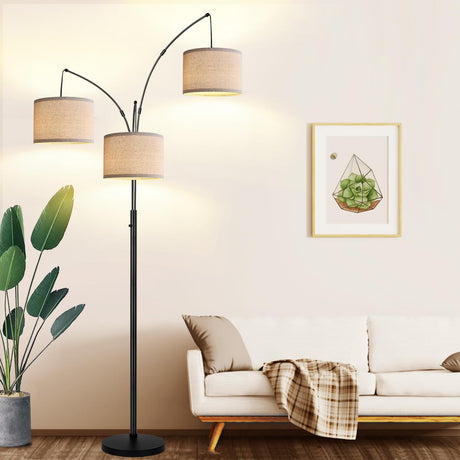 Dimmable Floor Lamp - 3 Lights Arc Floor Lamps for Living Room, 1000LM Modern Tall Standing Lamp With Beige Shades & Heavy Base, Mid Century Tree Floor Lamp for Bedroom Office, 3 LED Bulbs Included Nintiue