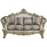Acme Gorsedd Loveseat with 4 Pillows in Cream Fabric and Golden Ivory Acme