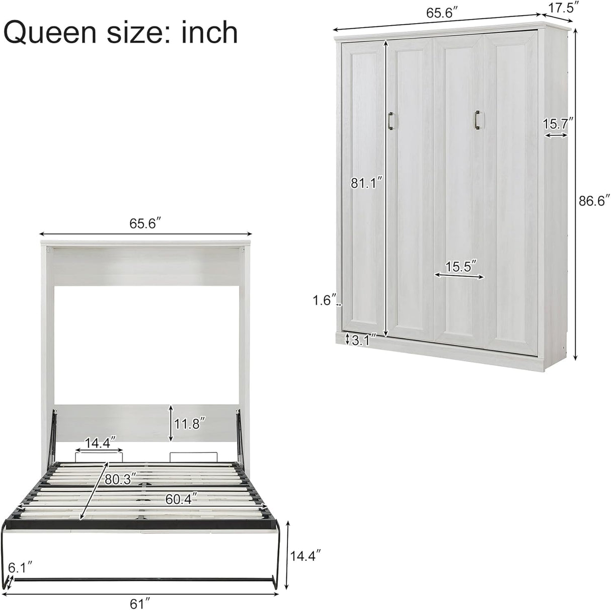MERITLINE Queen Size Murphy Bed with USB Port,Wood Folding White Murphy Wall Bed Cabinet MERITLINE