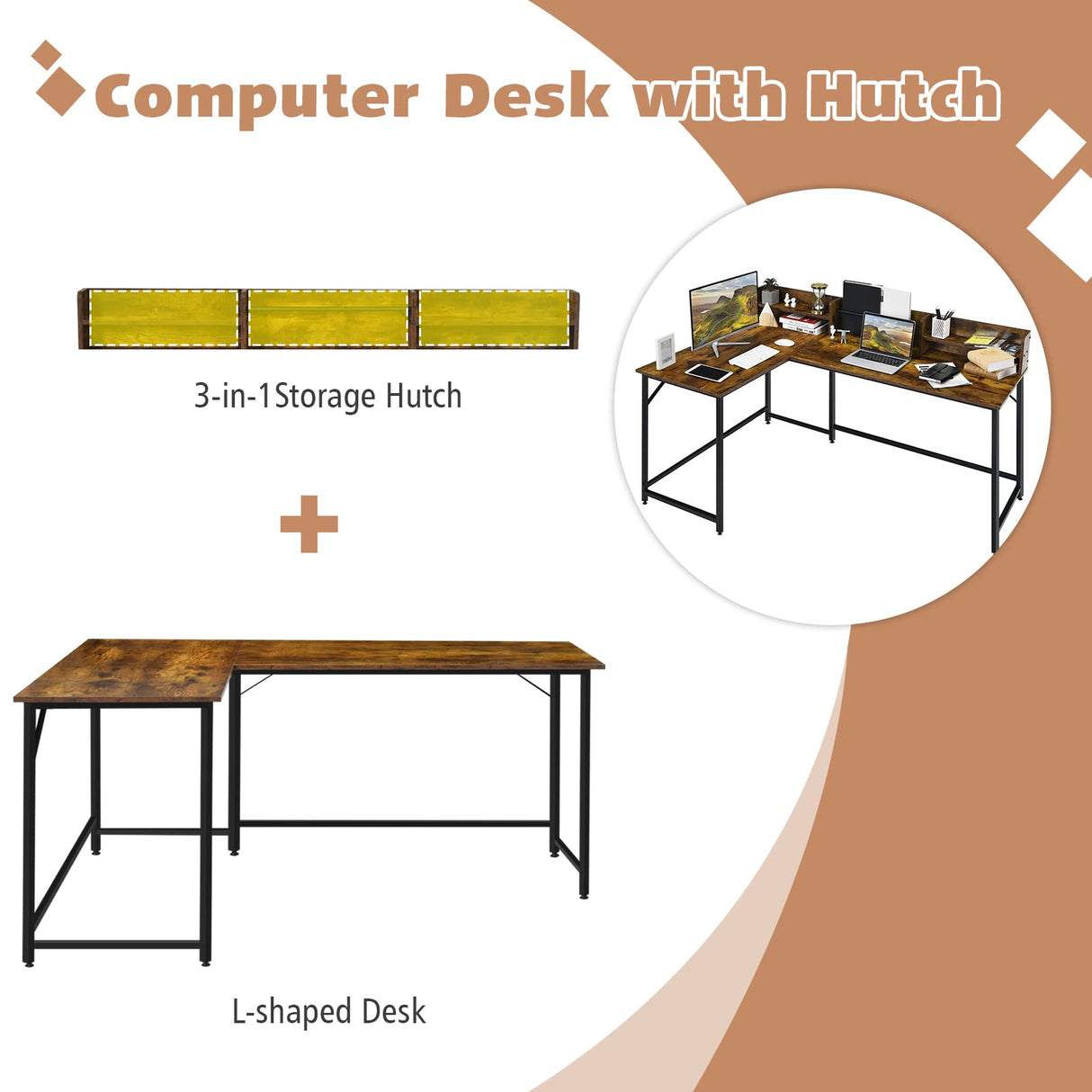 COSTWAY L-shaped Computer Desk with Hutch, Space-saving Corner Computer Desk with File Rack & 2 Shelves, 66.5” Industrial Table with Heavy-duty Steel Frame, for Home Office Study Room (Rustic Brown) COSTWAY