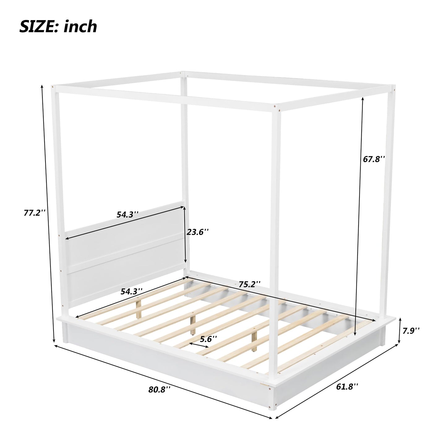 Merax Full Size Canopy Bed White Wooden Platform Bed with LED and Support Slats, No Box Spring Needed